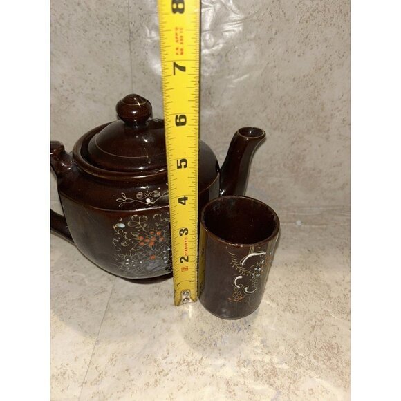 Vintage Japan Moriage Redware Hand Painted Floral Brown Coffee Tea Pot & Cup - Picture 10 of 10